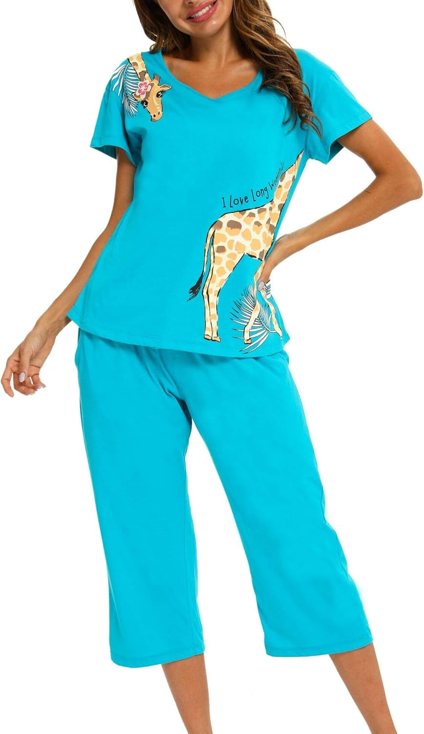 Womens Pajama Sets Cotton Pj Set Short Sleeve Top with Capri Pants Sleepwear 2 Piece Lounge Set