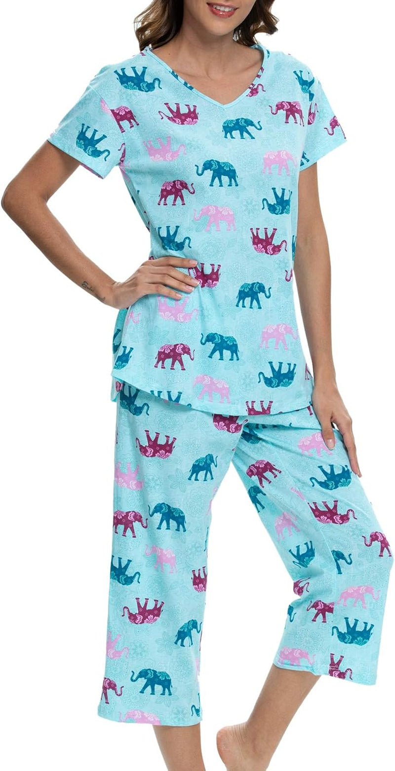 Womens Pajama Sets Cotton Pj Set Short Sleeve Top with Capri Pants Sleepwear 2 Piece Lounge Set
