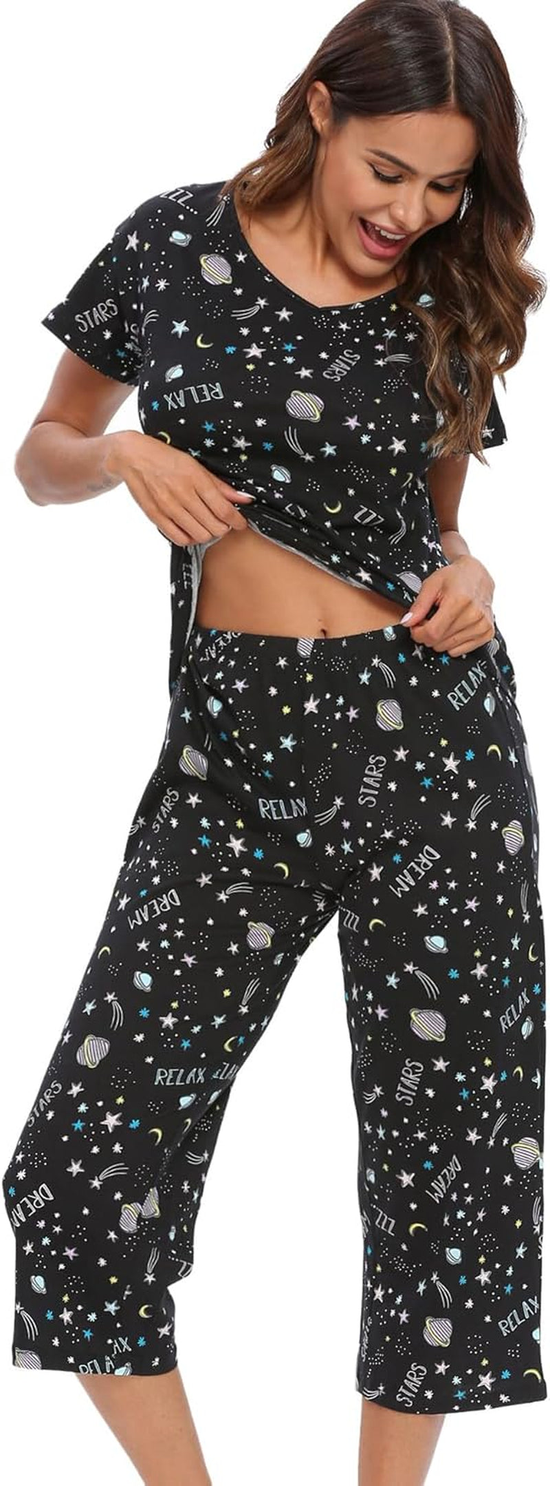 Womens Pajama Sets Cotton Pj Set Short Sleeve Top with Capri Pants Sleepwear 2 Piece Lounge Set