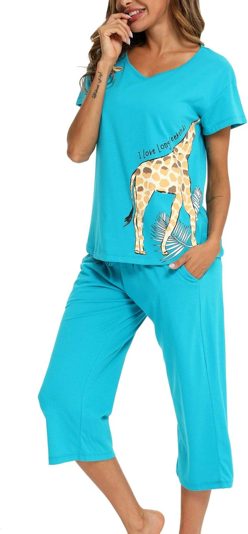 Womens Pajama Sets Cotton Pj Set Short Sleeve Top with Capri Pants Sleepwear 2 Piece Lounge Set