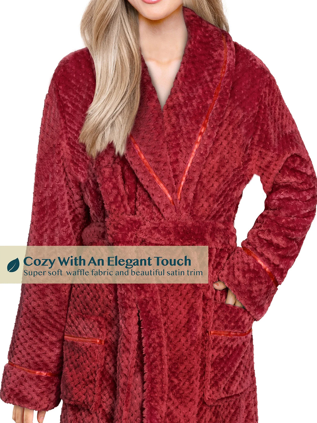 Women'S Waffle Textured Satin Trim Fleece Robe (Wine, L/XL (US 12-16))