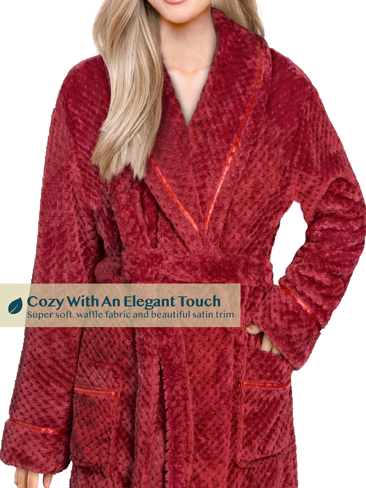 Women'S Waffle Textured Satin Trim Fleece Robe (Wine, L/XL (US 12-16))