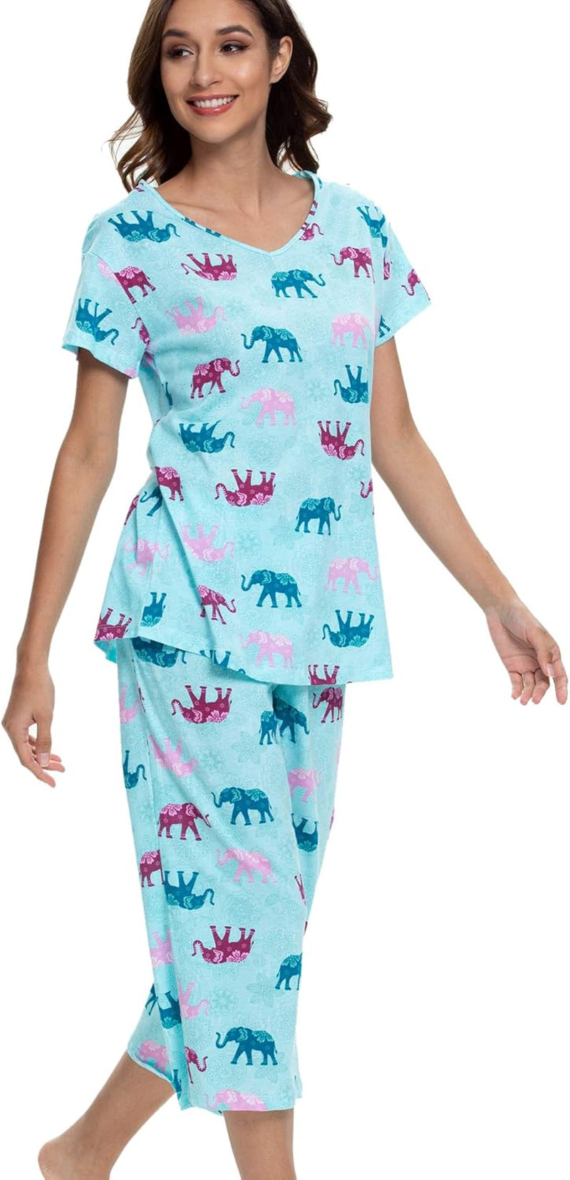 Womens Pajama Sets Cotton Pj Set Short Sleeve Top with Capri Pants Sleepwear 2 Piece Lounge Set