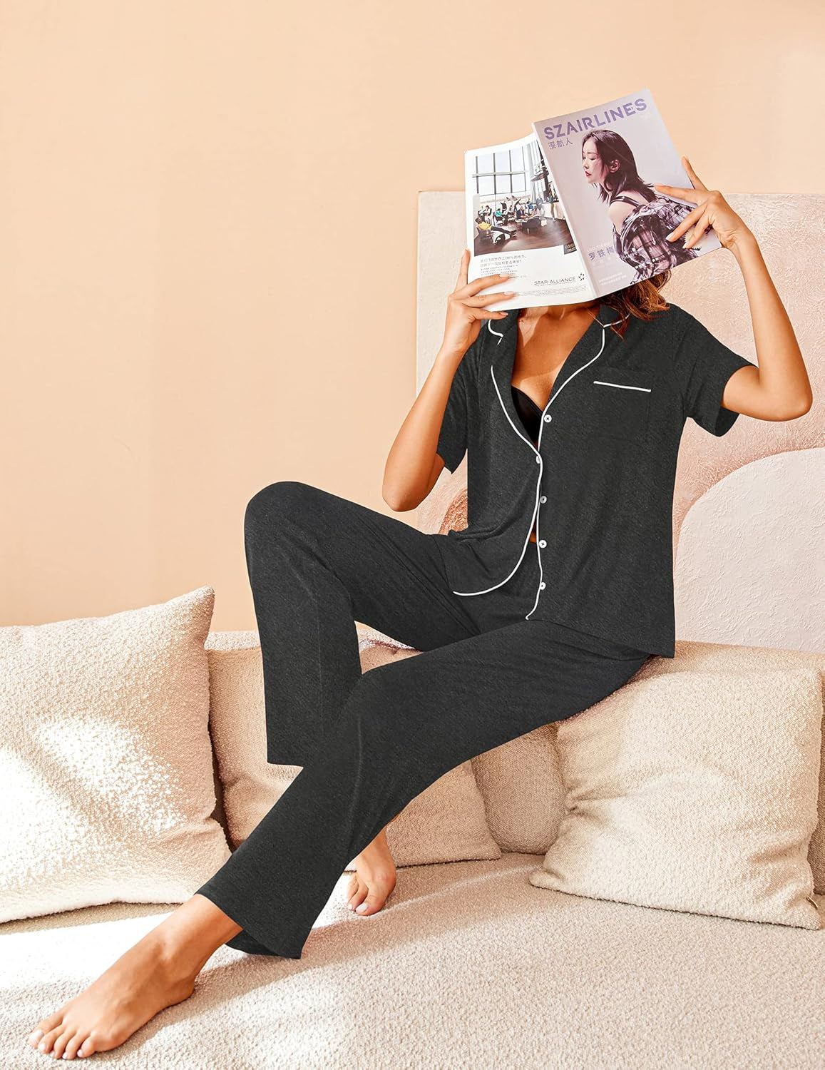 Women Pajamas Set Notch Collar Soft Sleepwear Pjs Short Sleeve Button down Nightwear with Long Pants