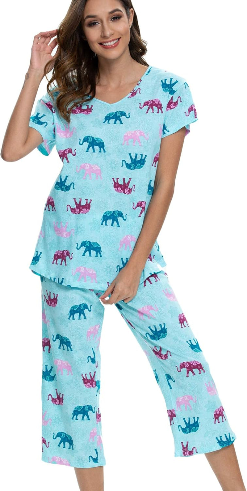 Womens Pajama Sets Cotton Pj Set Short Sleeve Top with Capri Pants Sleepwear 2 Piece Lounge Set