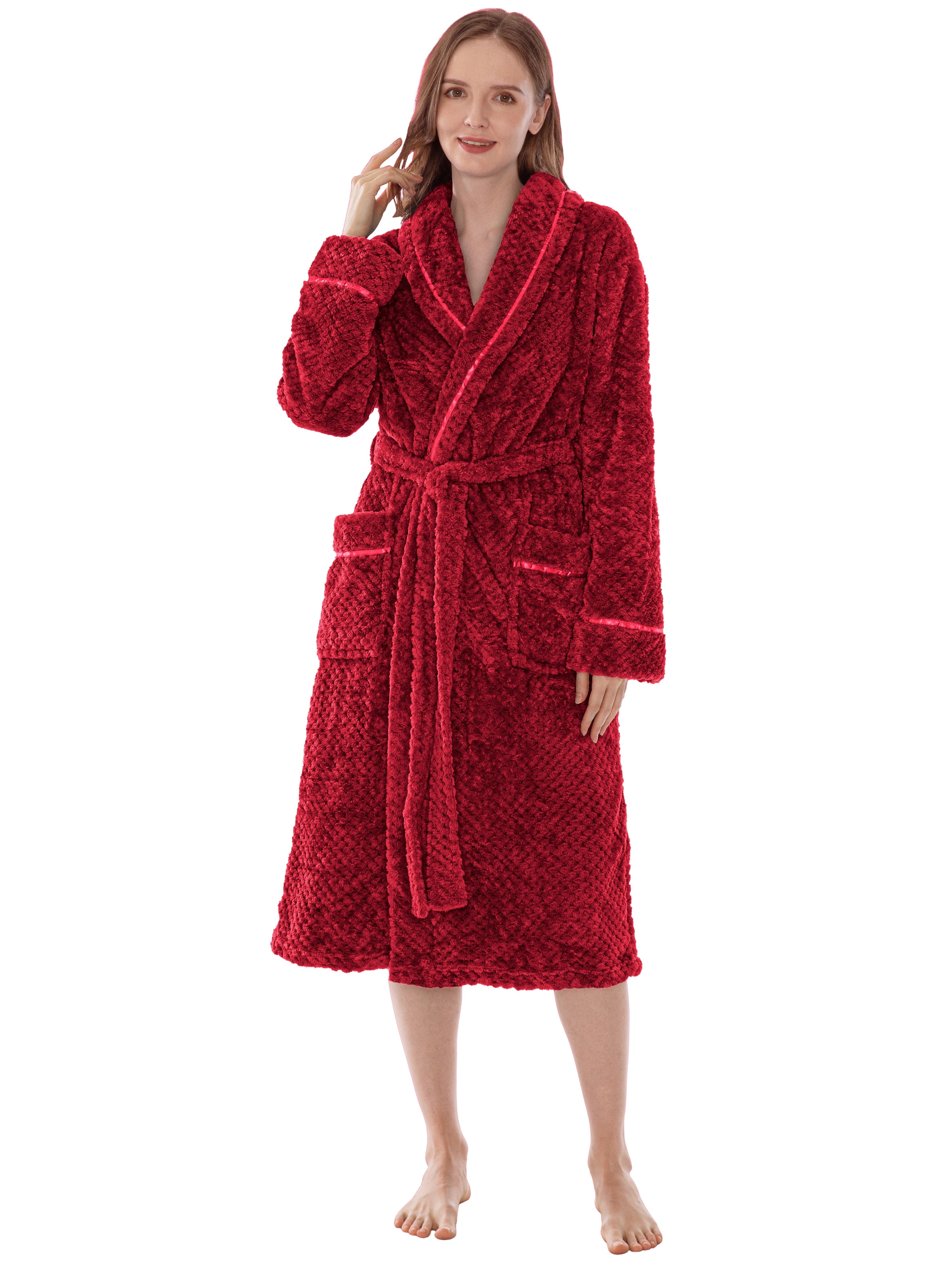 Women'S Waffle Textured Satin Trim Fleece Robe (Wine, L/XL (US 12-16))