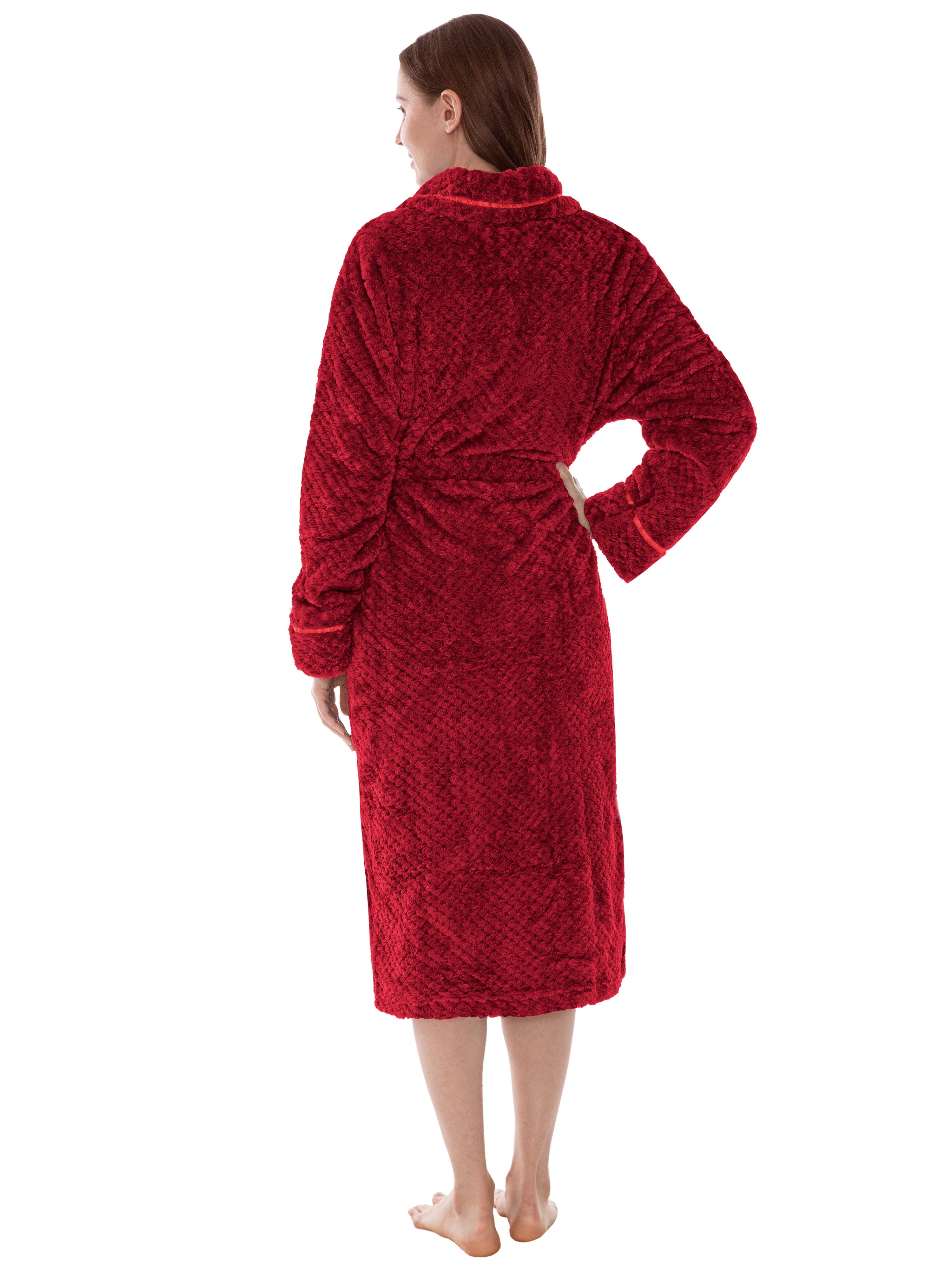 Women'S Waffle Textured Satin Trim Fleece Robe (Wine, L/XL (US 12-16))
