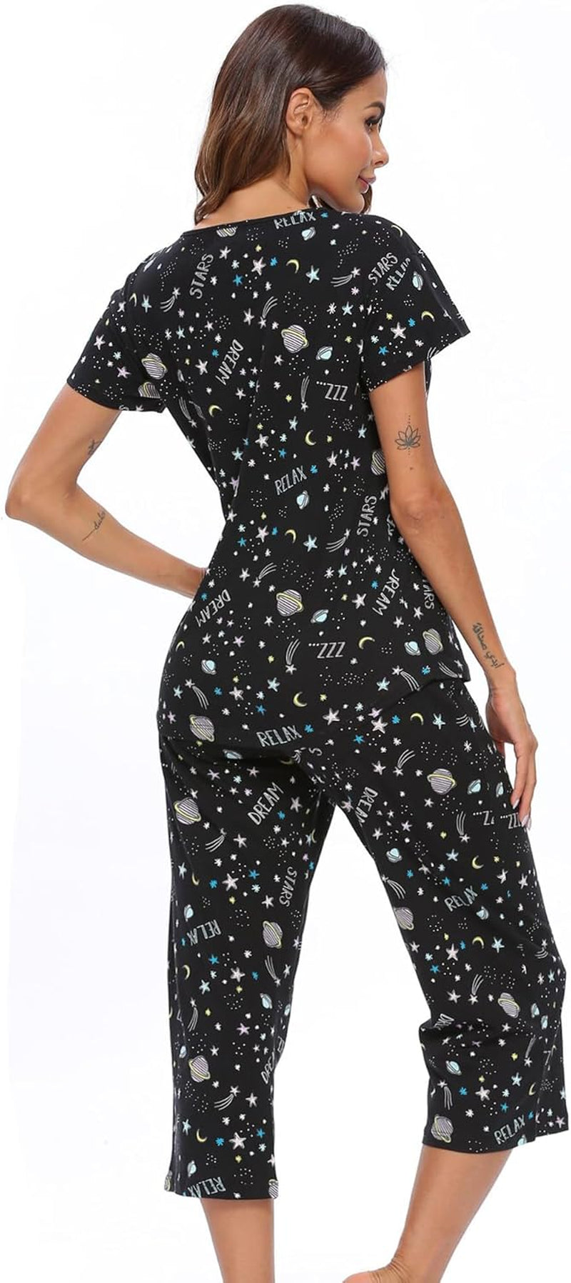 Womens Pajama Sets Cotton Pj Set Short Sleeve Top with Capri Pants Sleepwear 2 Piece Lounge Set