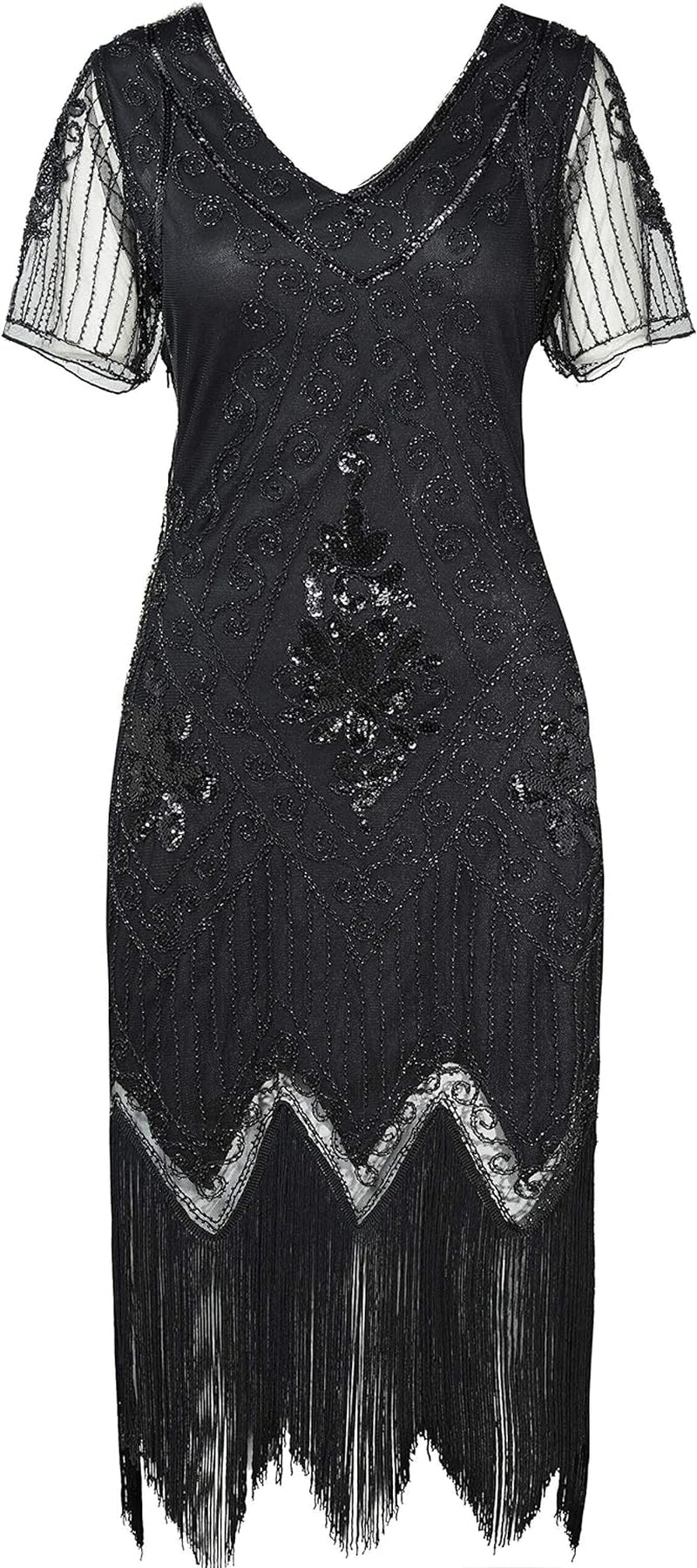 1920S Art Deco Fringed Sequin Dress Roaring 20S Flapper Fancy Dress