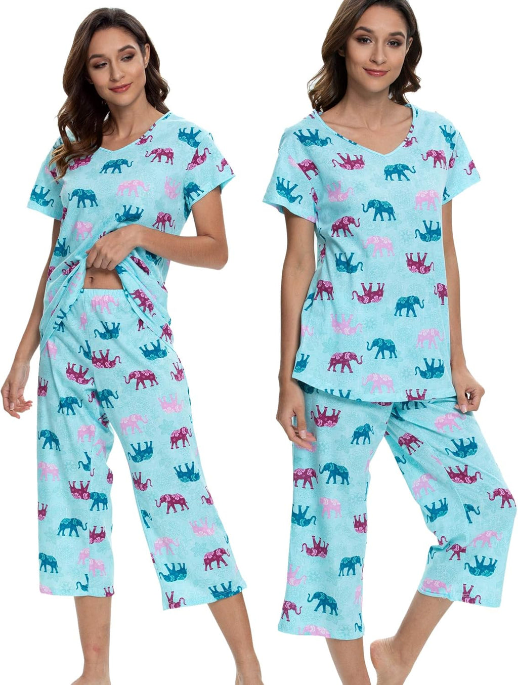 Womens Pajama Sets Cotton Pj Set Short Sleeve Top with Capri Pants Sleepwear 2 Piece Lounge Set