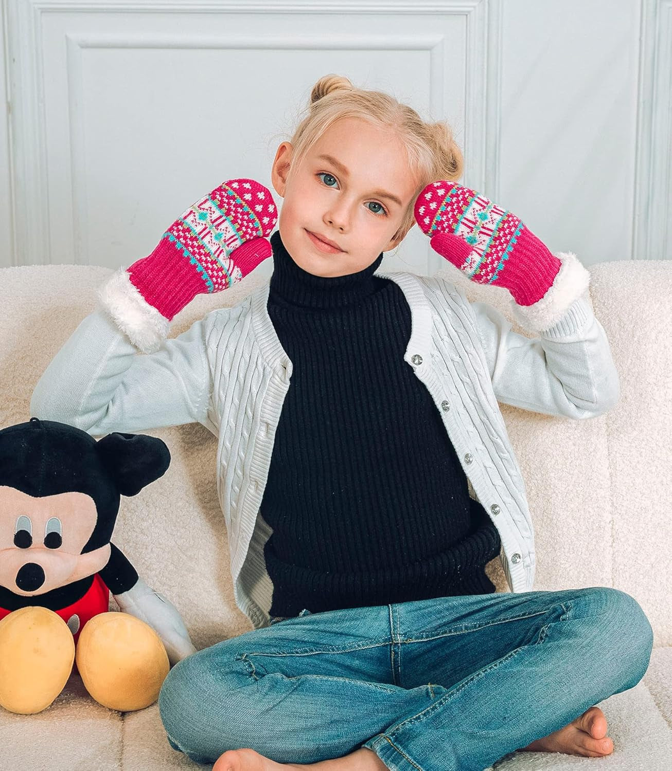 3 Pairs Kids' Sherpa Lined Knit Mittens Boys Girls Winter Gloves