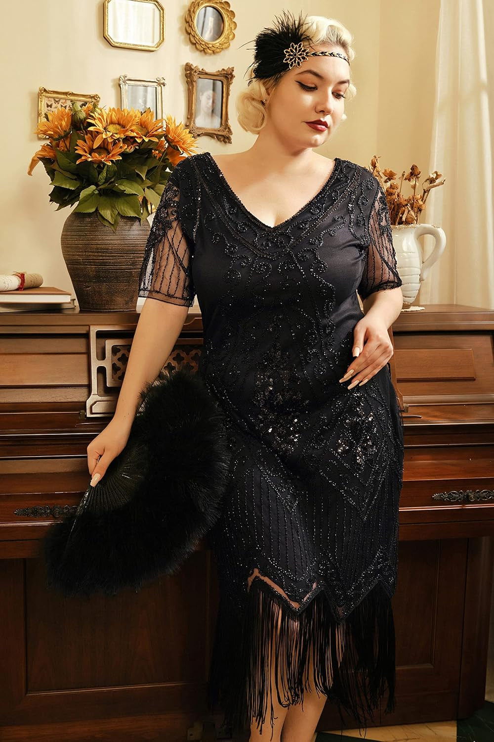 1920S Art Deco Fringed Sequin Dress Roaring 20S Flapper Fancy Dress