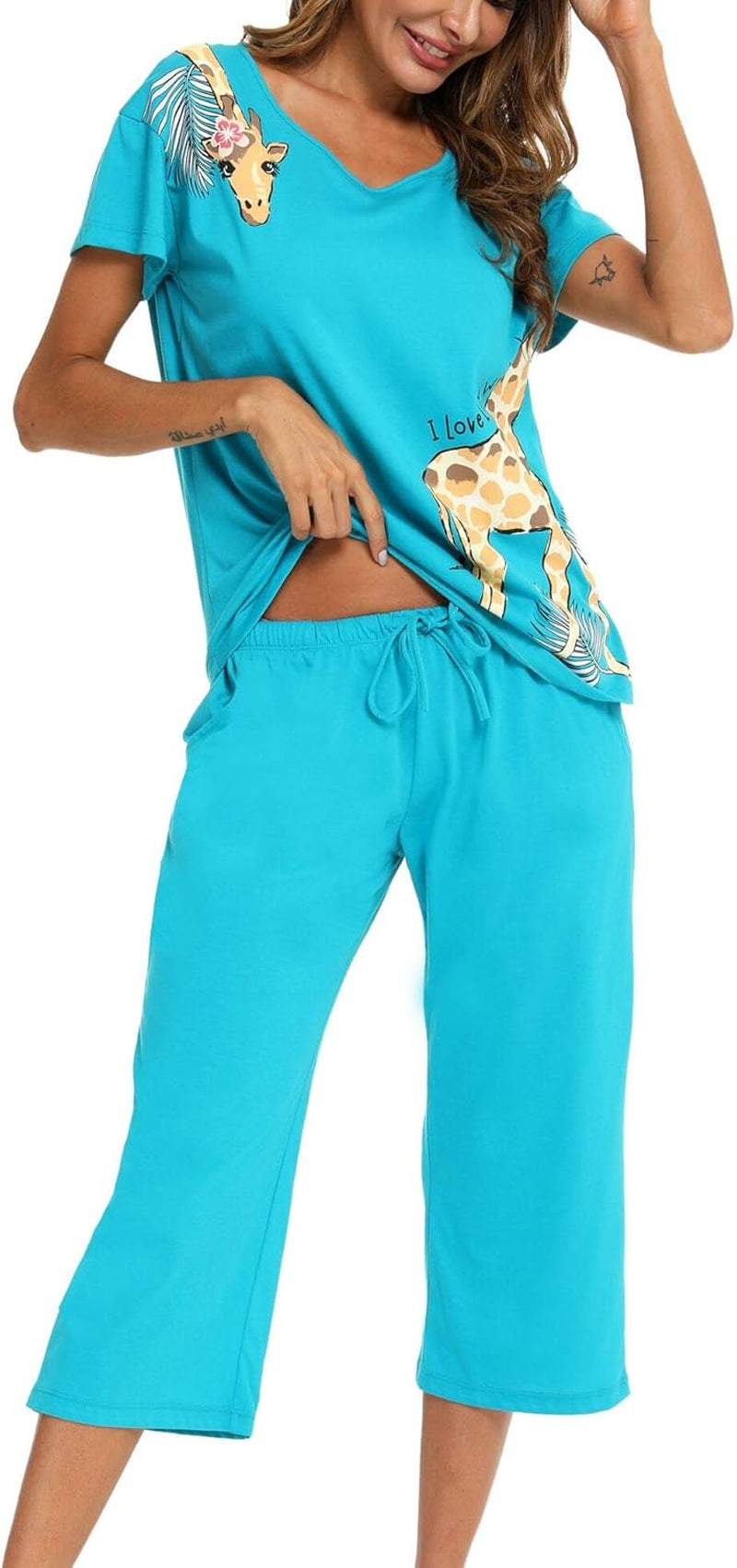 Womens Pajama Sets Cotton Pj Set Short Sleeve Top with Capri Pants Sleepwear 2 Piece Lounge Set