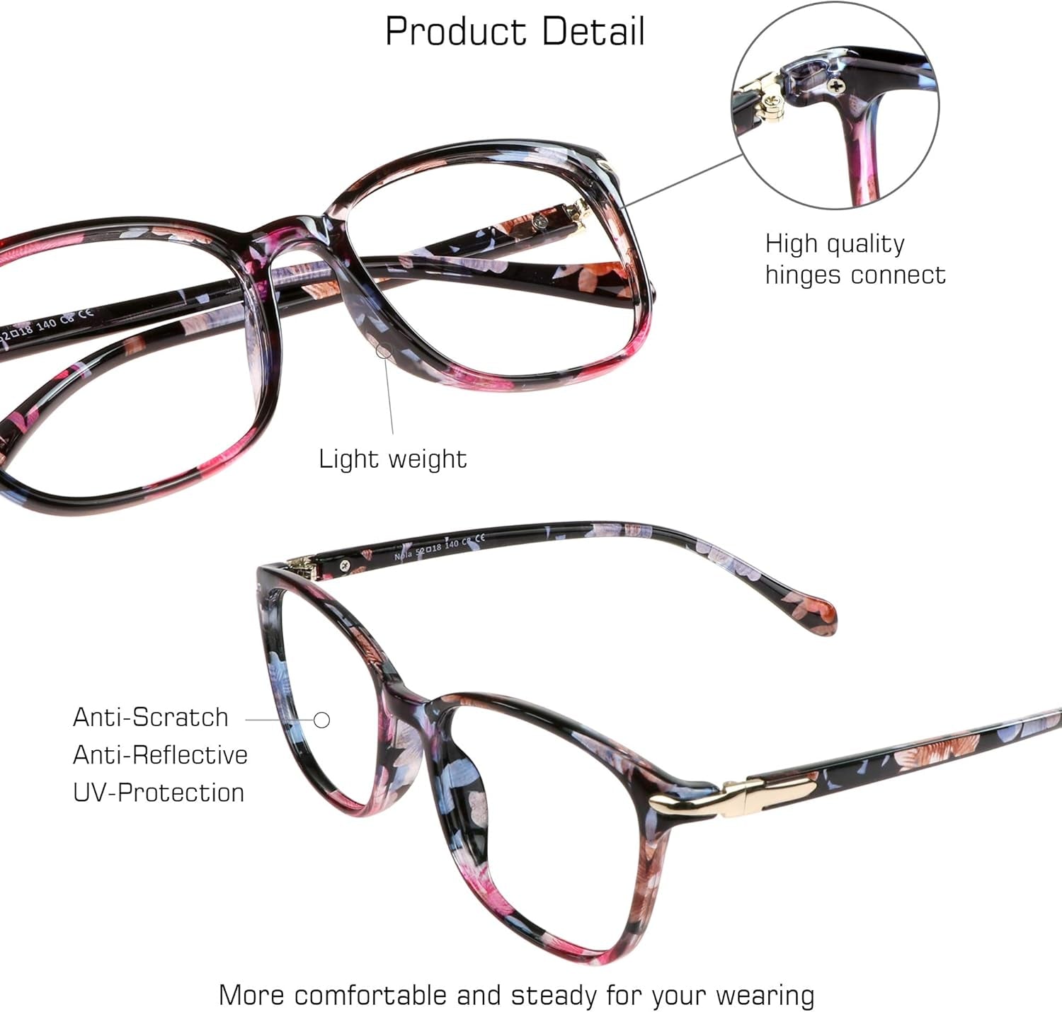 Blue Light Blocking Glasses for Women, anti Eyestrain, Computer Reading, TV Glasses, Stylish Square Frame, anti Glare(No Magnification)