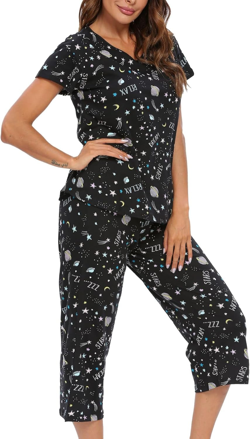 Womens Pajama Sets Cotton Pj Set Short Sleeve Top with Capri Pants Sleepwear 2 Piece Lounge Set