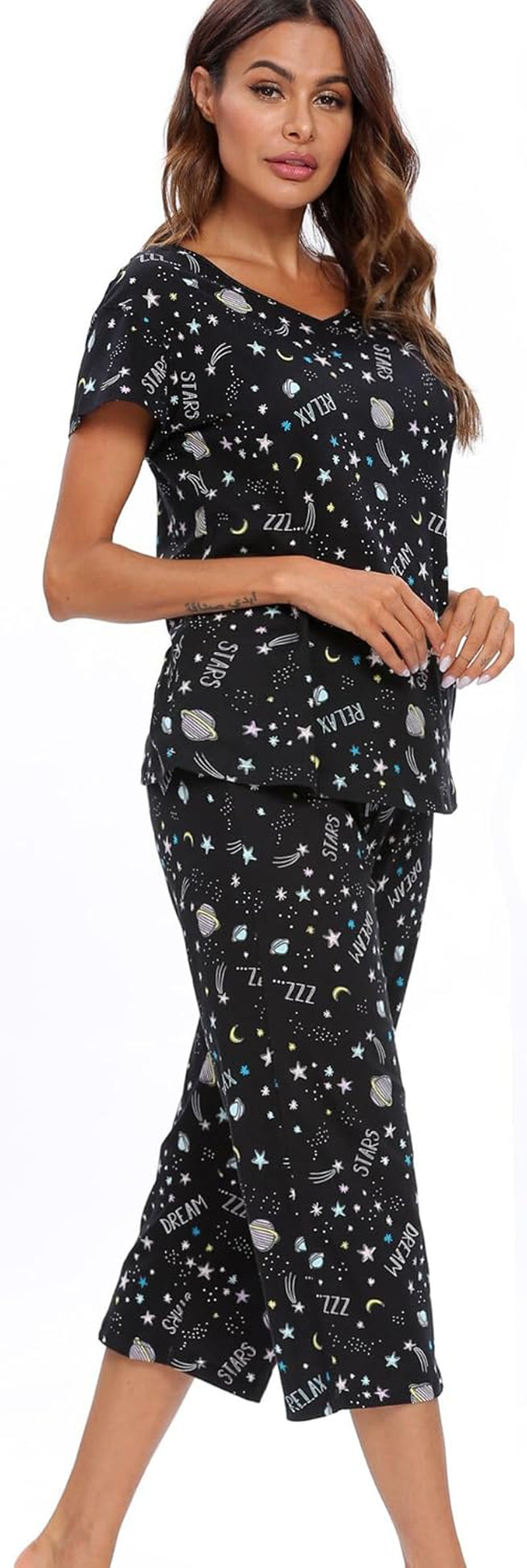 Womens Pajama Sets Cotton Pj Set Short Sleeve Top with Capri Pants Sleepwear 2 Piece Lounge Set