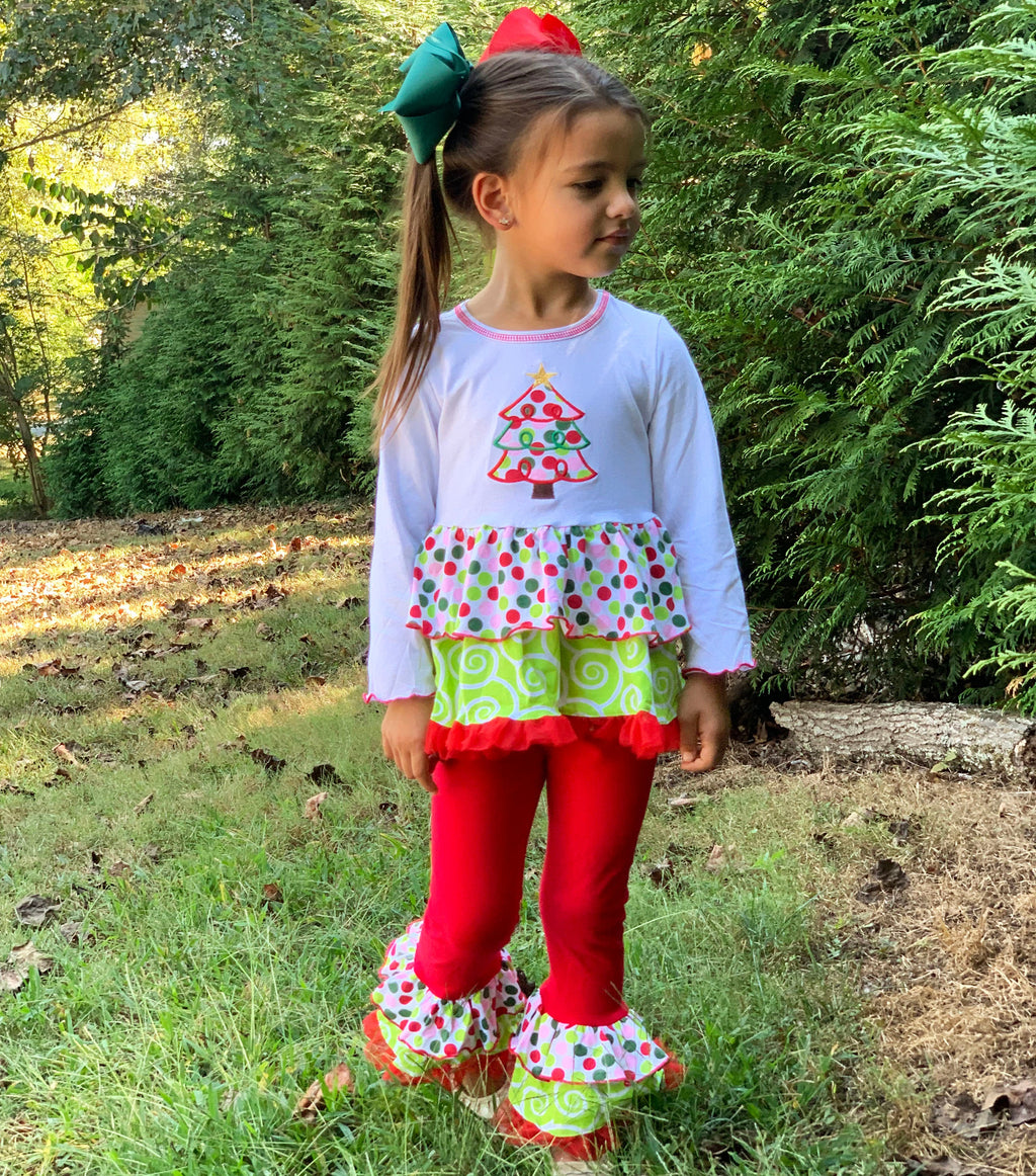 AnnLoren Girls Boutique Polka Dot & Swirl Christmas Tree Clothing Set