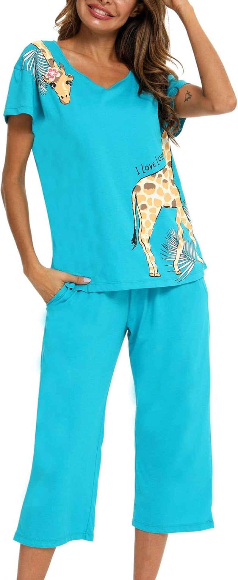 Womens Pajama Sets Cotton Pj Set Short Sleeve Top with Capri Pants Sleepwear 2 Piece Lounge Set