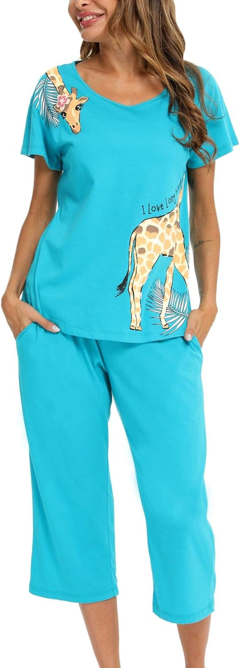Womens Pajama Sets Cotton Pj Set Short Sleeve Top with Capri Pants Sleepwear 2 Piece Lounge Set