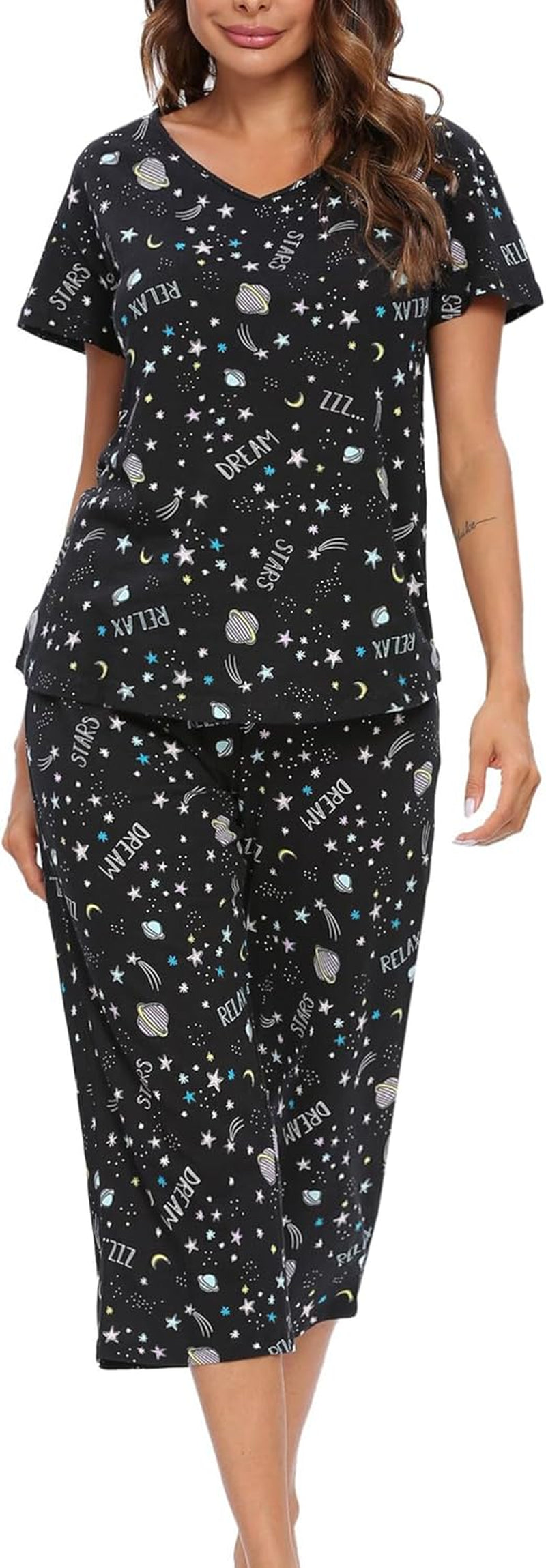Womens Pajama Sets Cotton Pj Set Short Sleeve Top with Capri Pants Sleepwear 2 Piece Lounge Set
