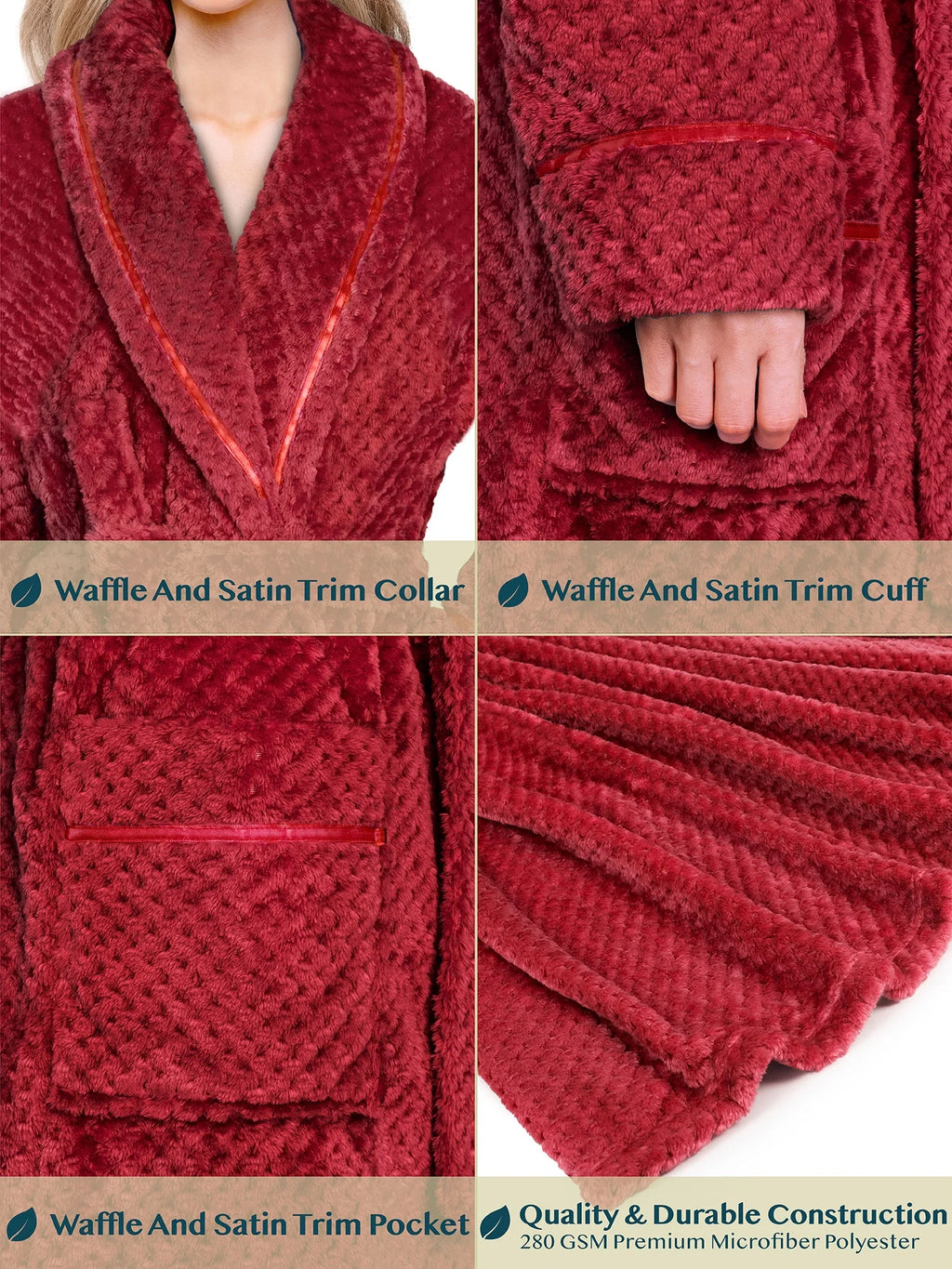 Women'S Waffle Textured Satin Trim Fleece Robe (Wine, L/XL (US 12-16))