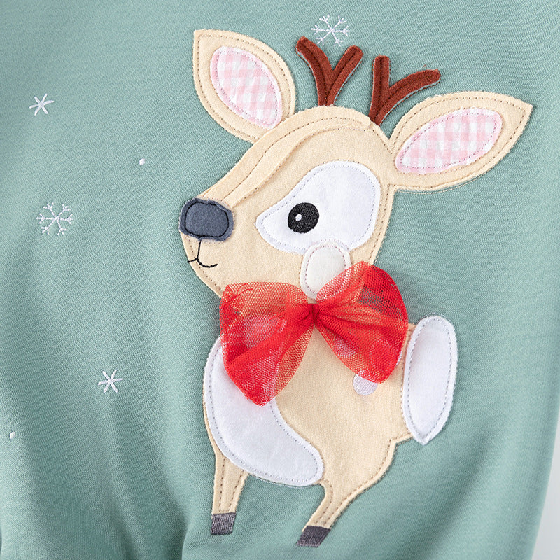 Spring and Autumn Girls Animals Cartoon Pattern Long Sleeves Sweatshirt and Floral Pants Christmas Clothing Set