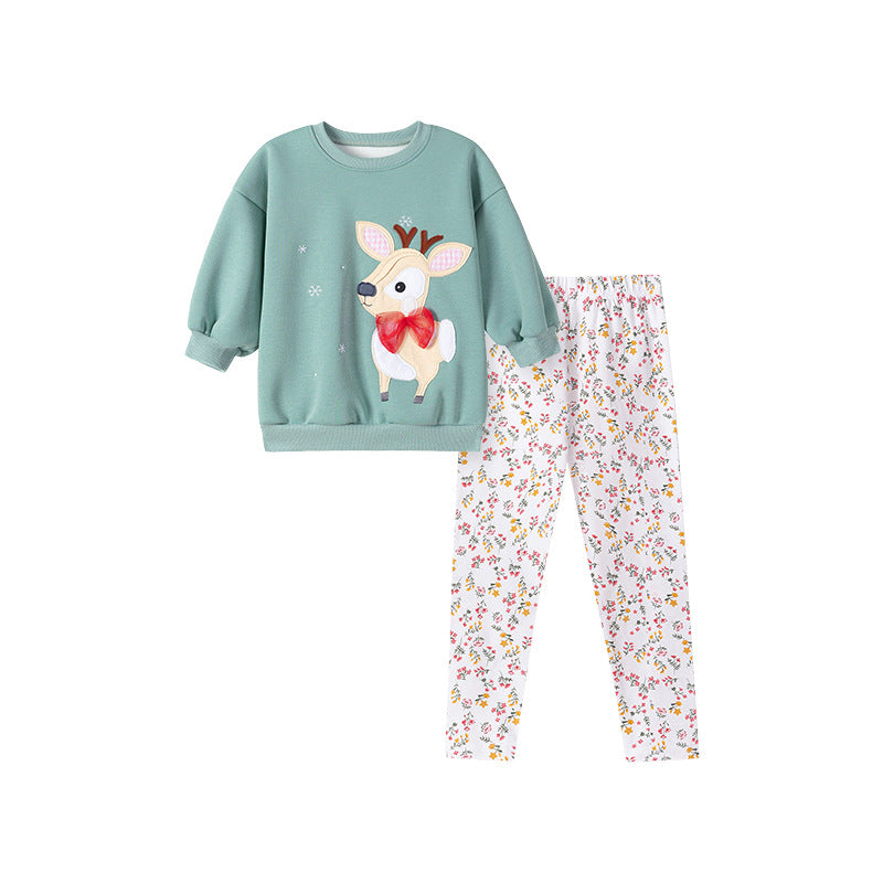 Spring and Autumn Girls Animals Cartoon Pattern Long Sleeves Sweatshirt and Floral Pants Christmas Clothing Set