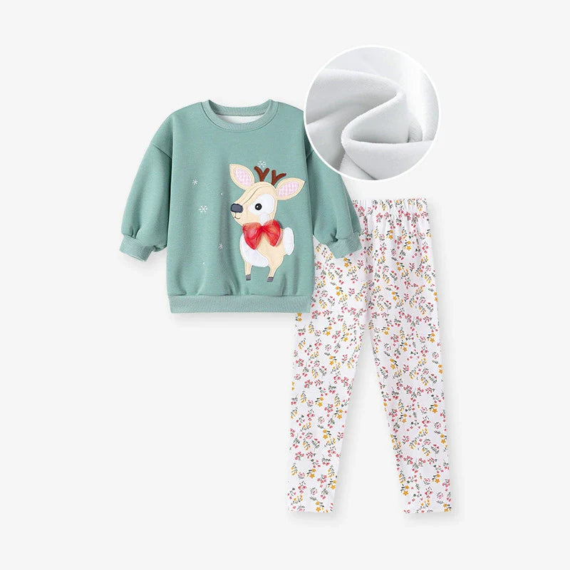Spring and Autumn Girls Animals Cartoon Pattern Long Sleeves Sweatshirt and Floral Pants Christmas Clothing Set