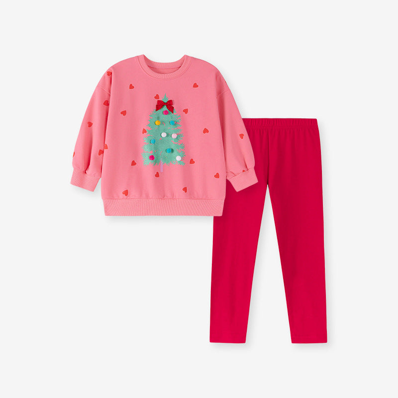 Spring and Autumn Girls Hearts and Christmas Tree Pattern Long Sleeves Sweatshirt and Pants Clothing Set