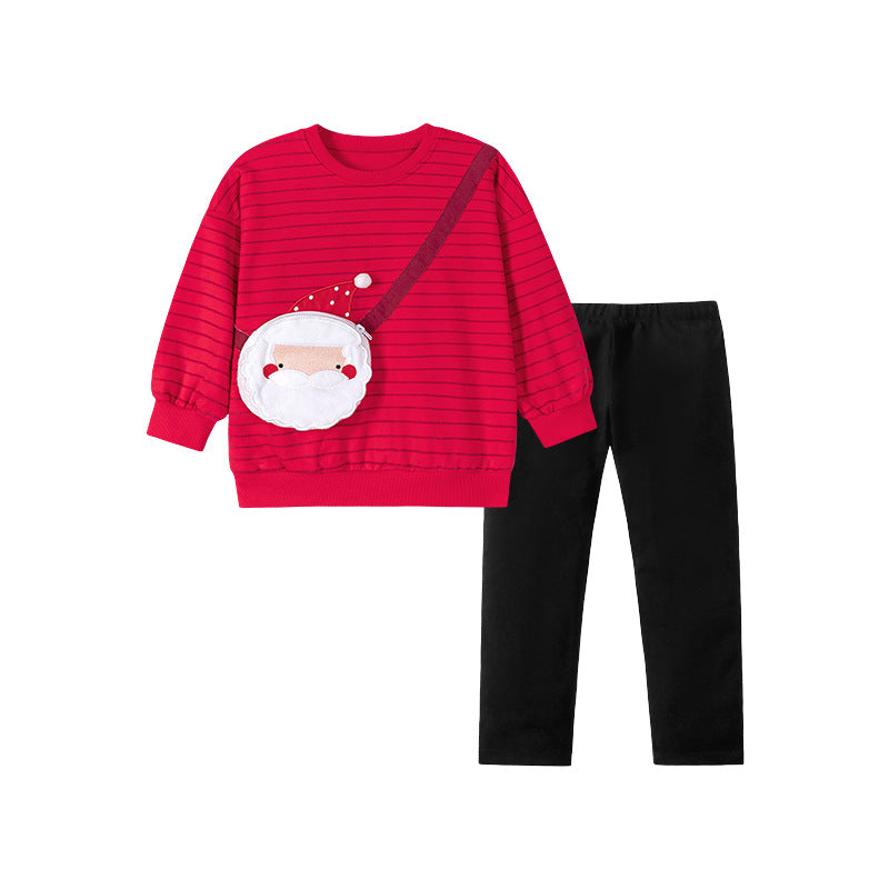 Spring and Autumn Girls Striped and Christmas Cartoon Pattern Long Sleeves Sweatshirt and Pants Clothing Set